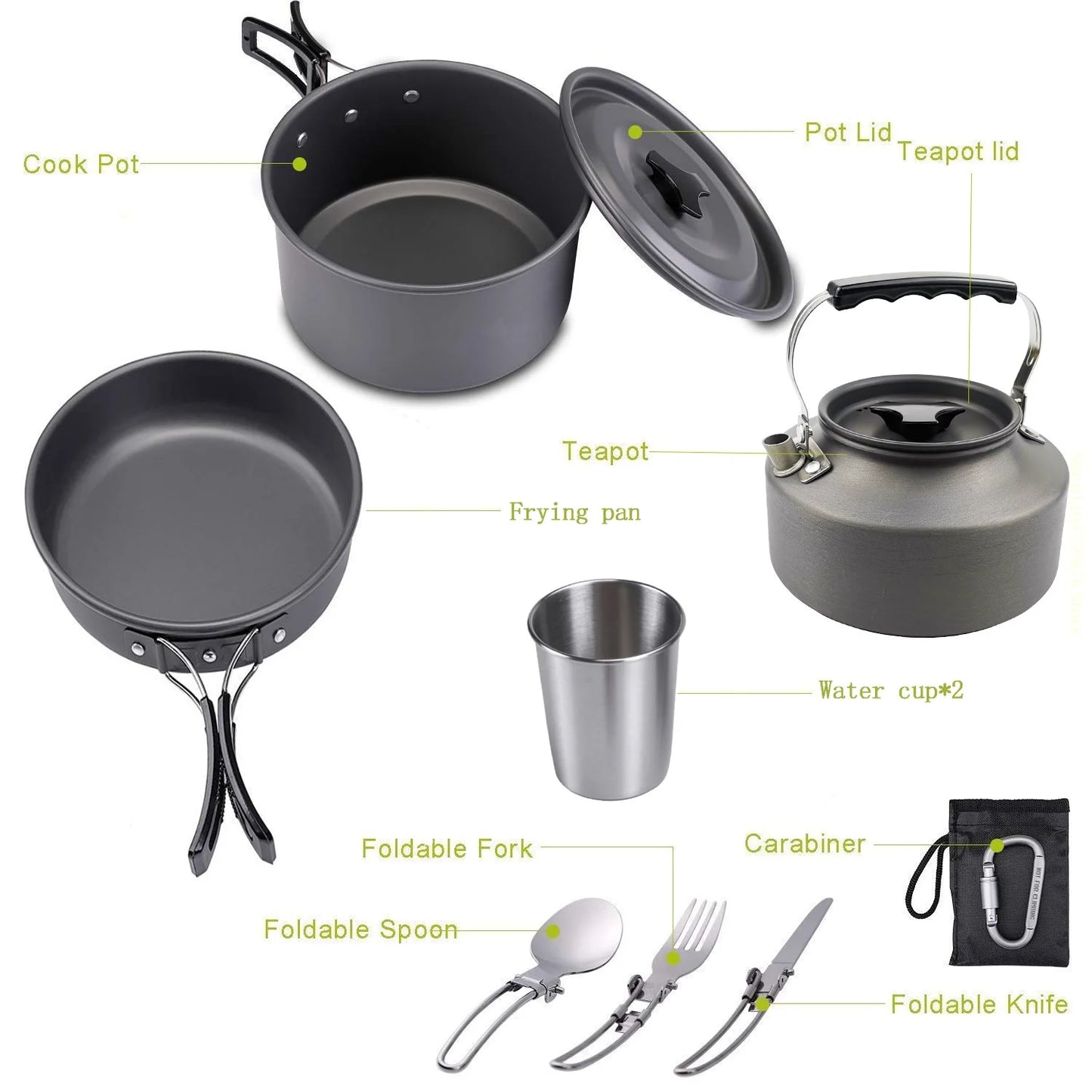 Outdoor pot and kettle set - portable outdoor cooking equipment set - camping water boiling kettle and cooking utensils