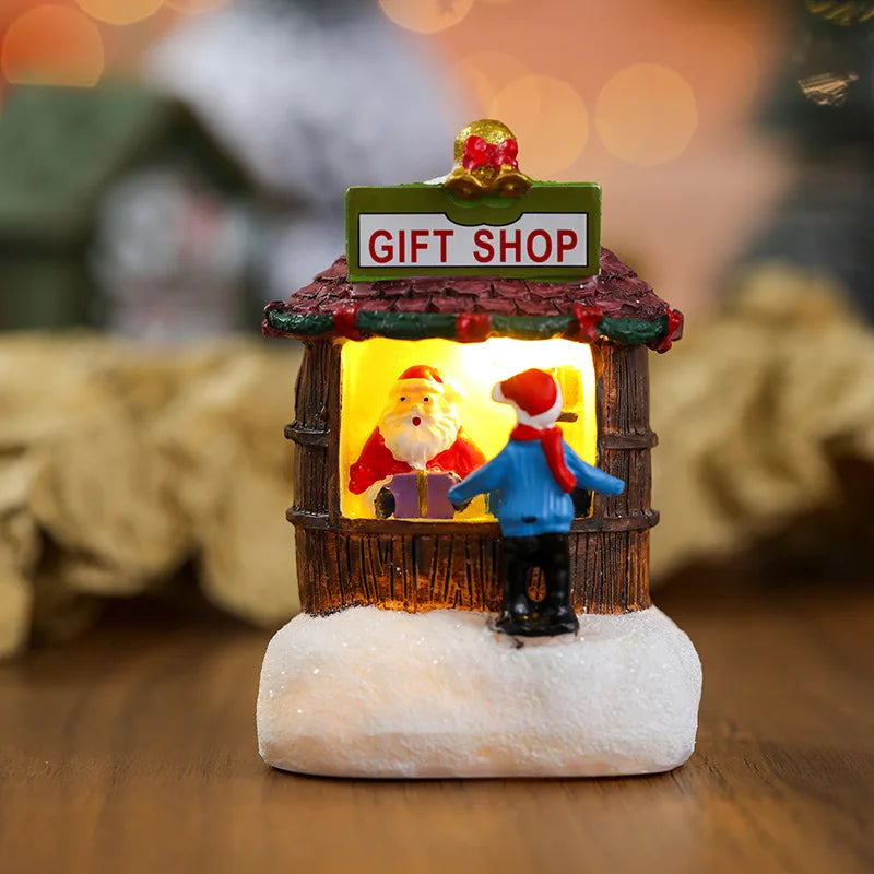 Christmas Resin Small House Santa Claus Shop Micro Landscape Resin Ornaments LED House Christmas Snowman Luminous Decoration