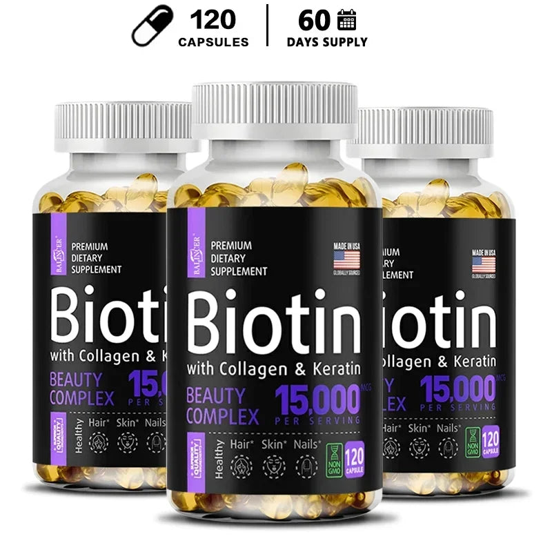 Biotin Supplement - 15,000 Mcg with Collagen and Keratin, Vitamins, Shiny Hair, Skin and Nails, Joint Health, 30/60/120 Capsules