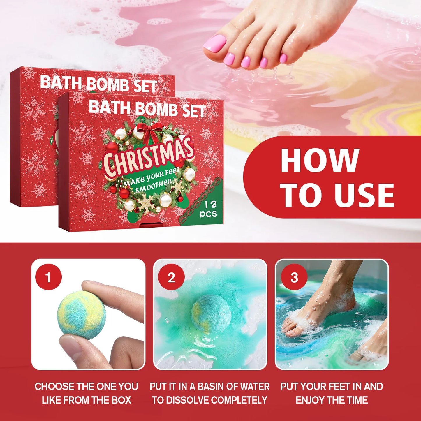 12 Pcs Christmas Bath Sea Salt Bath Softening Keratin Remove Dead Skin for Foot Spa Relaxing Gift Box for Women Men