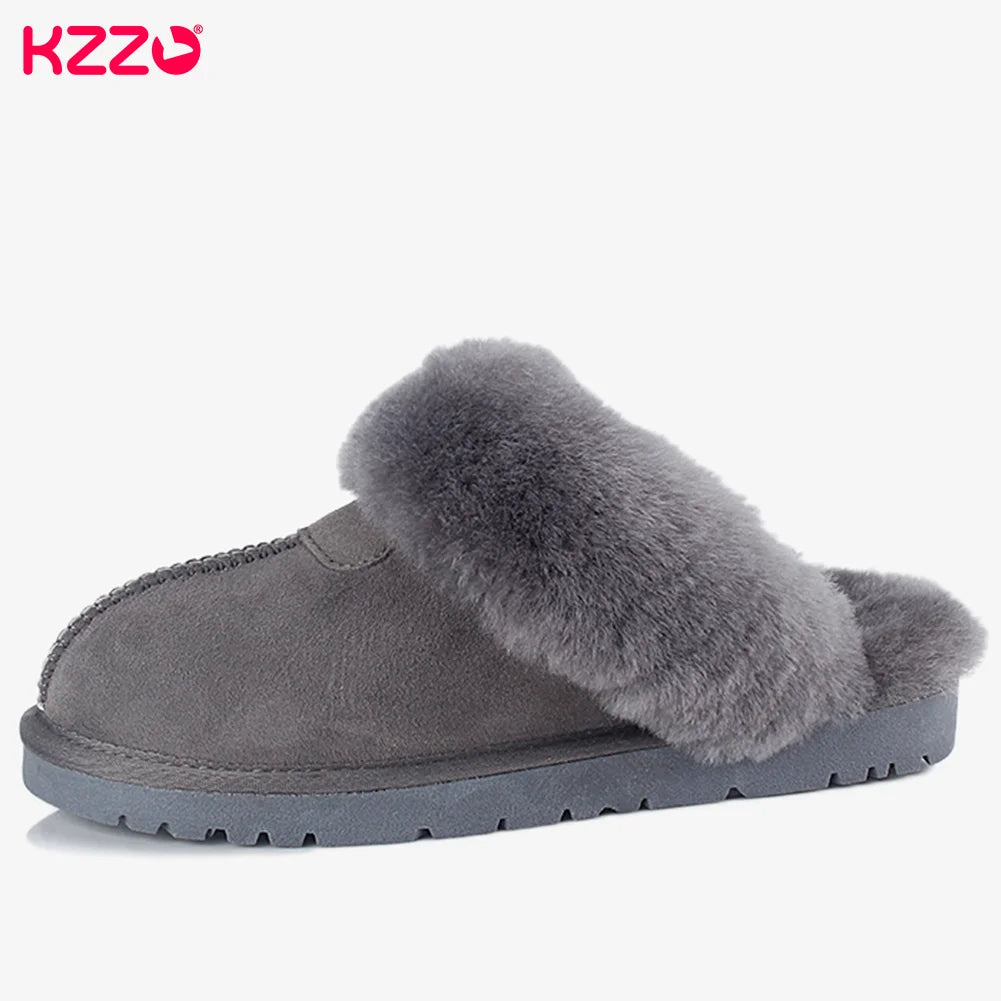 KZZO Fashion Natural Sheepskin Leather Slippers For Men Winter Warm Indoor Fur Slippers Soft Wool Lady Home Shoes Non-slip