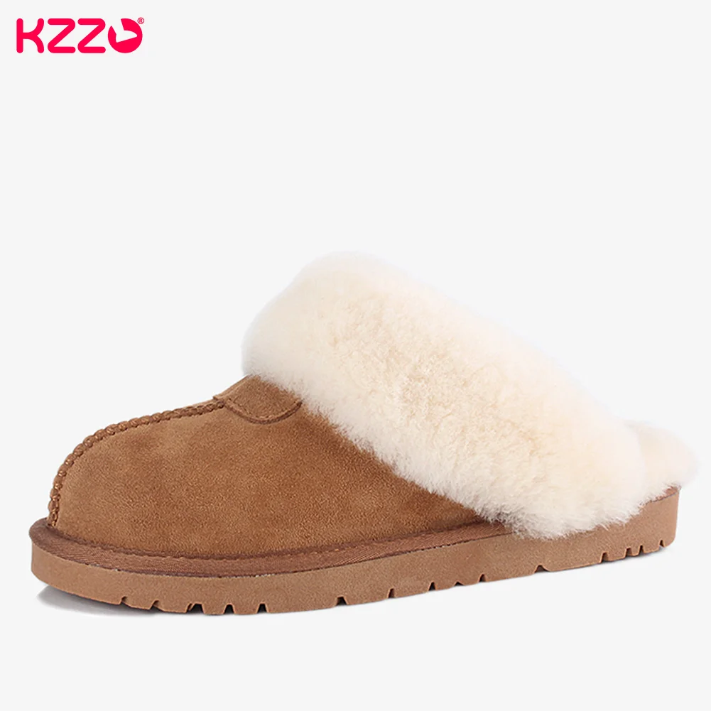 KZZO Fashion Natural Sheepskin Leather Slippers For Men Winter Warm Indoor Fur Slippers Soft Wool Lady Home Shoes Non-slip