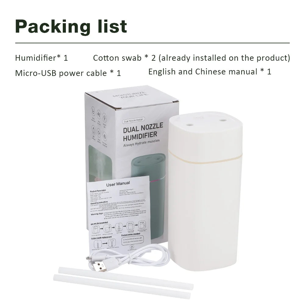 USB Water Air Humidifier Fog Steam Double Spray Aroma Diffuser 600ml Cool Mist Bedroom Home Car Plants Purifier Humificador