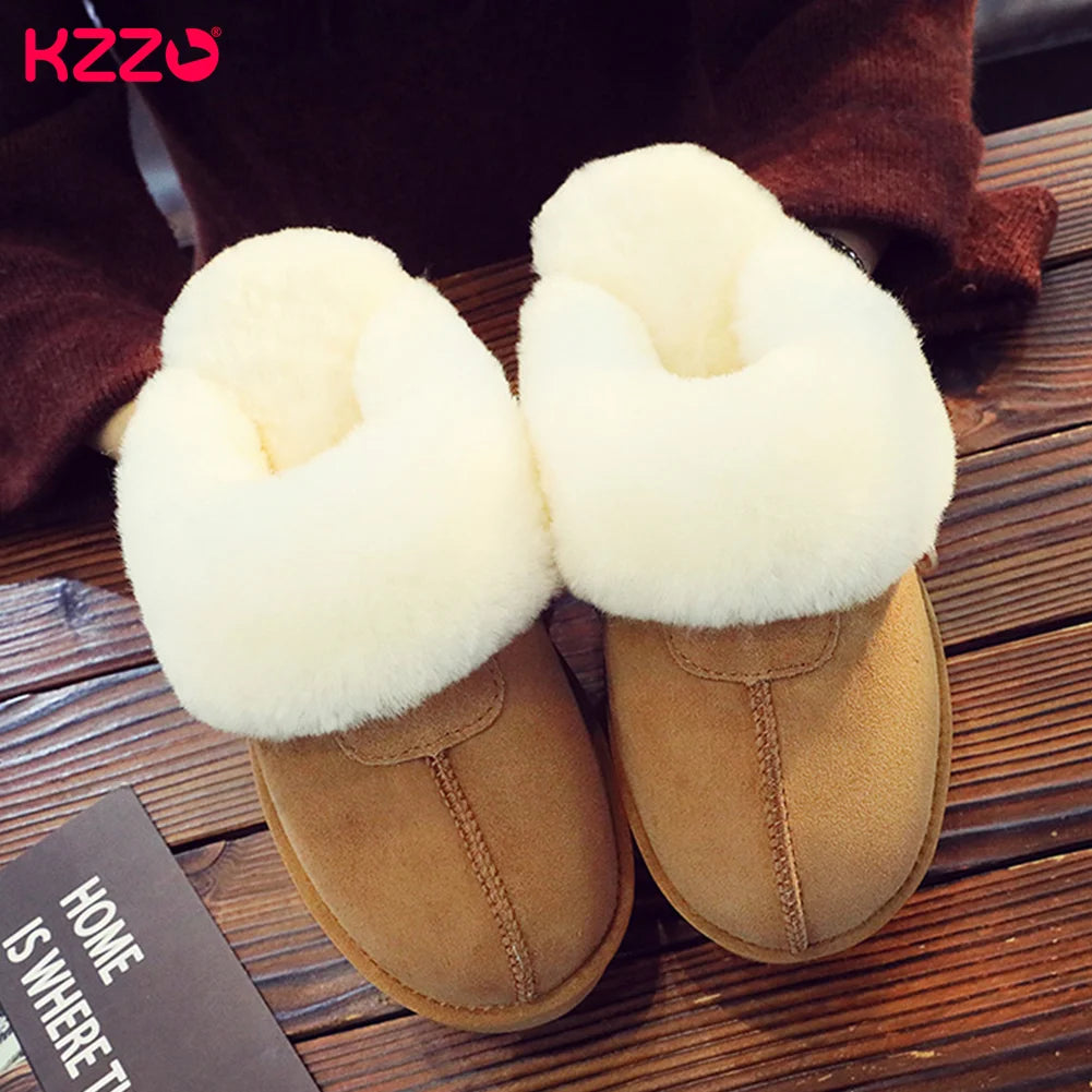 KZZO Fashion Natural Sheepskin Leather Slippers For Men Winter Warm Indoor Fur Slippers Soft Wool Lady Home Shoes Non-slip