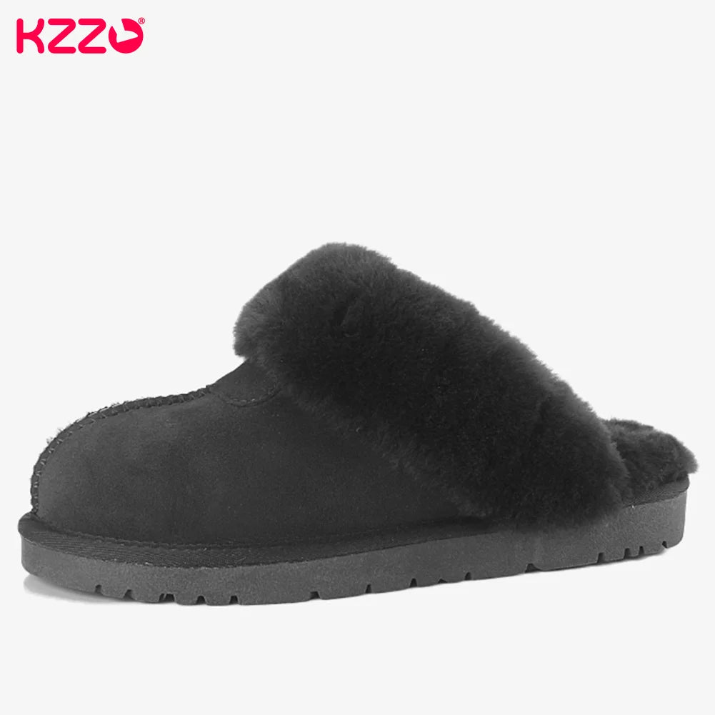 KZZO Fashion Natural Sheepskin Leather Slippers For Men Winter Warm Indoor Fur Slippers Soft Wool Lady Home Shoes Non-slip