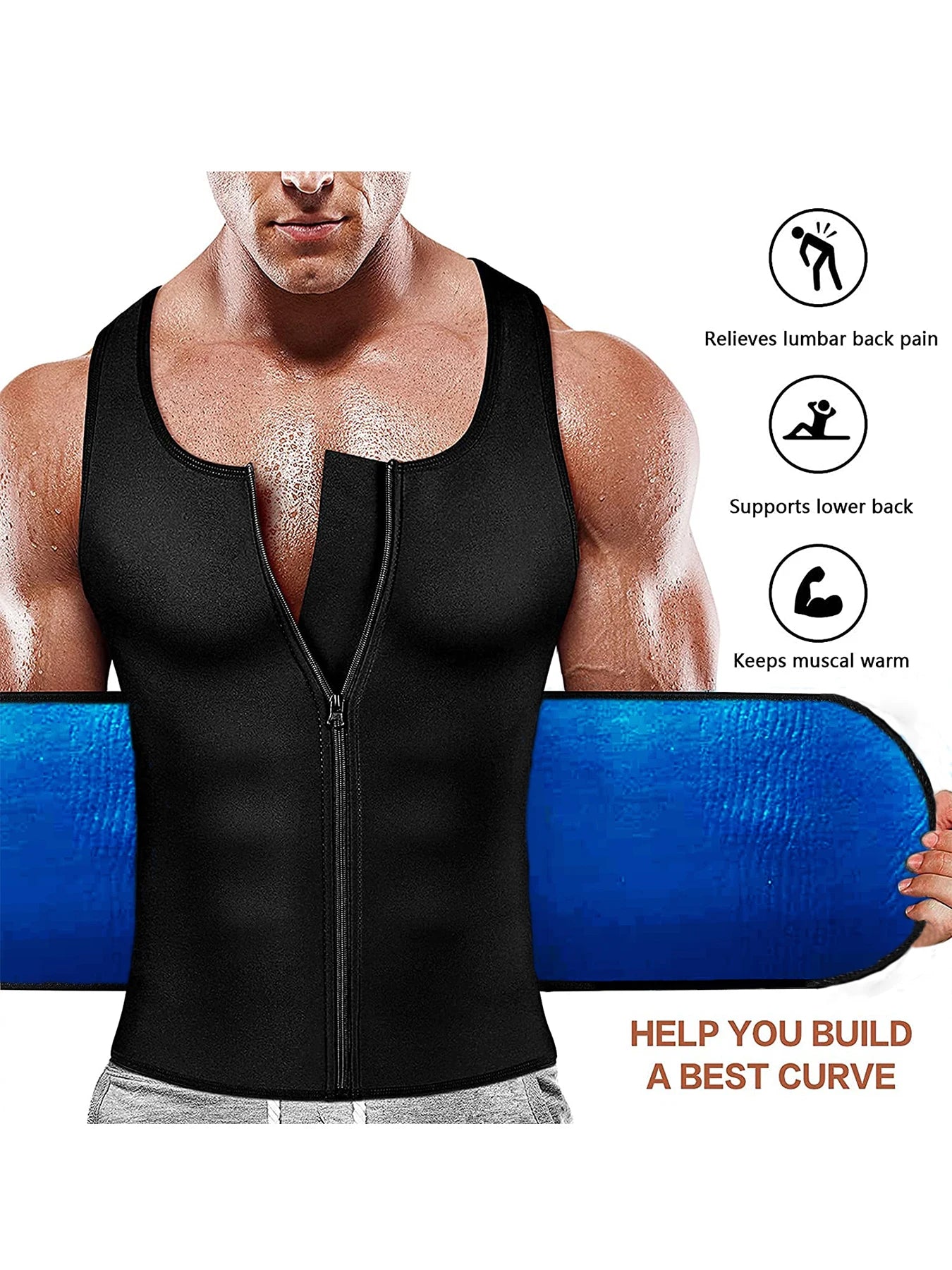 Men's Waist Trainer Body Shaper Sauna Sweat Waist Trainer Vest with Zipper Workout Sauna Suit with Adjustable Waist Trimmer Belt