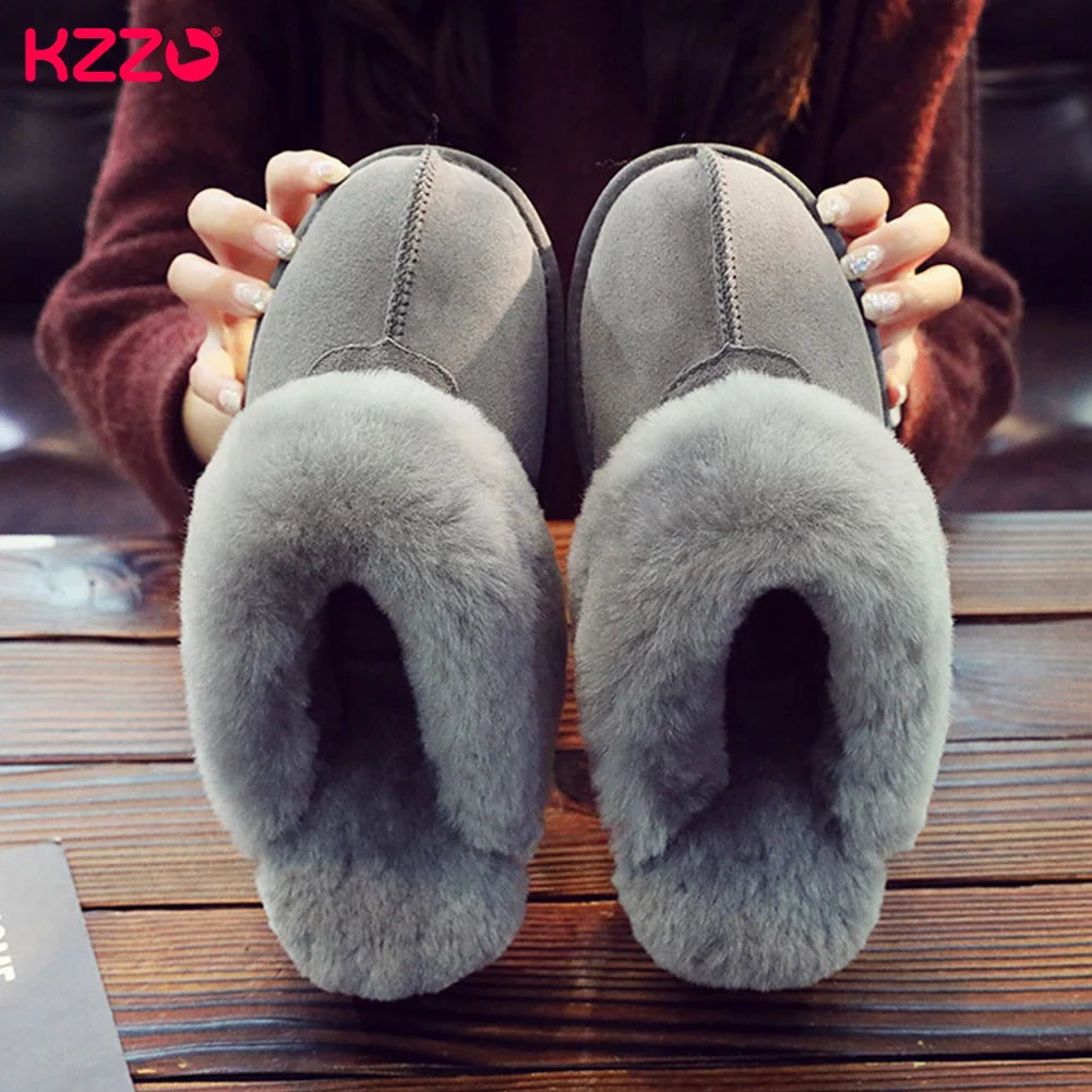KZZO Fashion Natural Sheepskin Leather Slippers For Men Winter Warm Indoor Fur Slippers Soft Wool Lady Home Shoes Non-slip