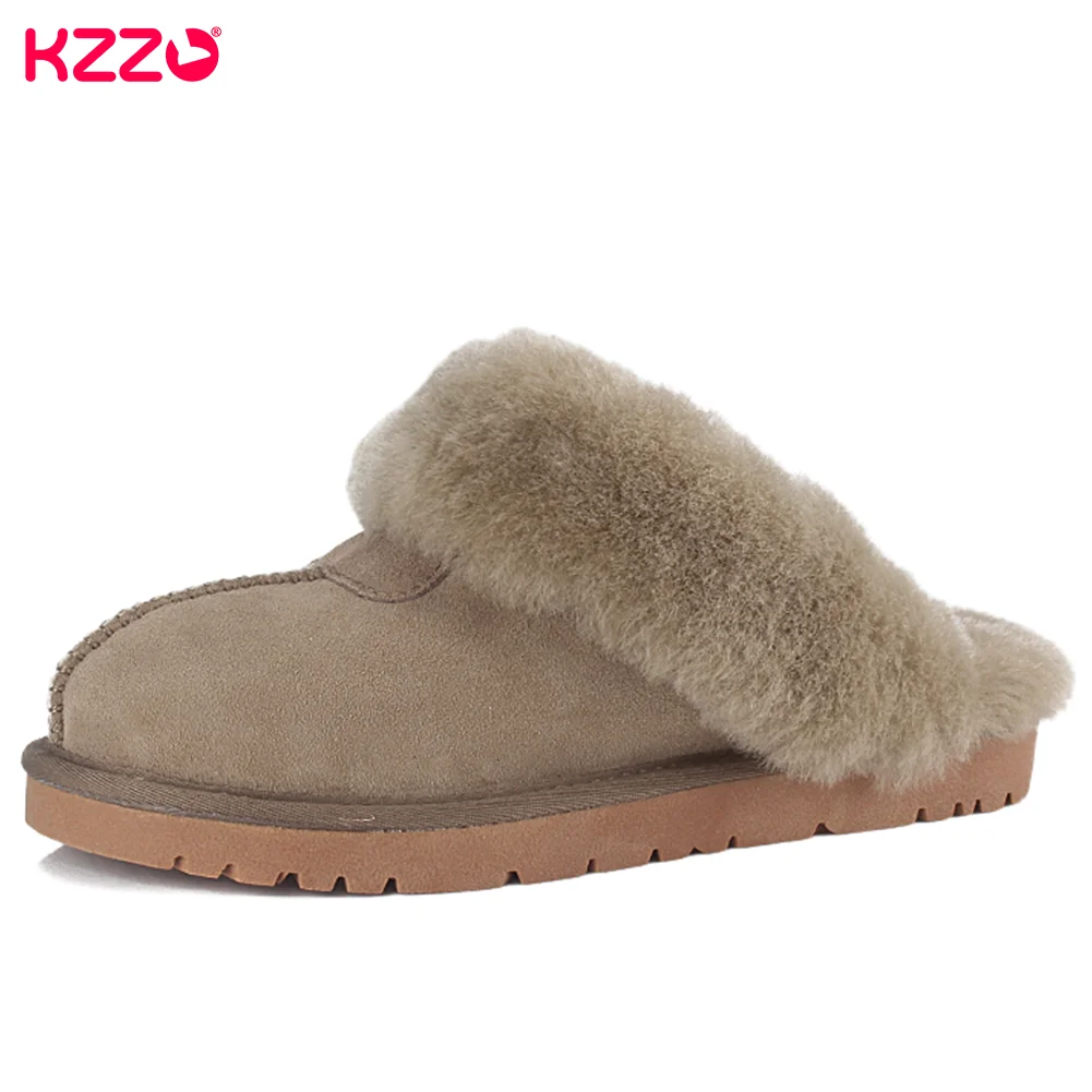 KZZO Fashion Natural Sheepskin Leather Slippers For Men Winter Warm Indoor Fur Slippers Soft Wool Lady Home Shoes Non-slip