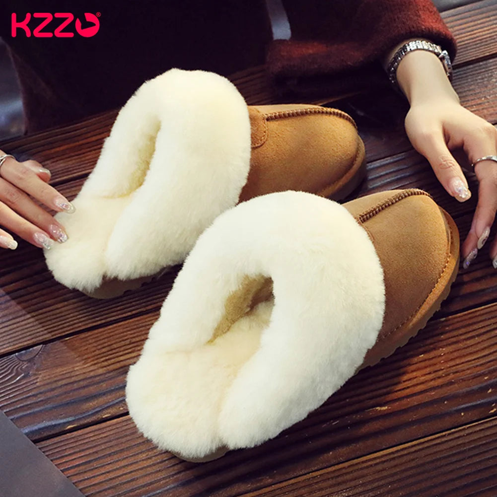 KZZO Fashion Natural Sheepskin Leather Slippers For Men Winter Warm Indoor Fur Slippers Soft Wool Lady Home Shoes Non-slip