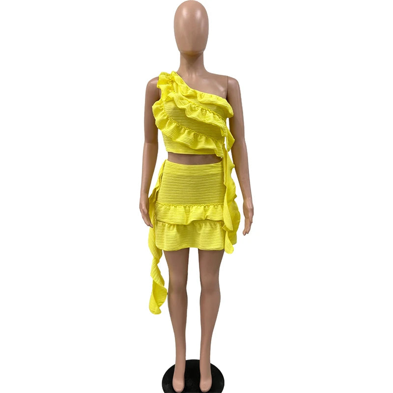 2024 Summer Women Solid Ruffles 2 Piece Set One Shoulder Sleeveless Crop Top Ribbons Mini Skirts Casual Streetwear Suits