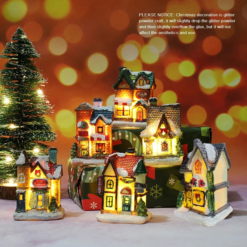 1PC Christmas Village Houses LED Light, DIY Resin Small House Battery Operate Christmas Ornamnet for Home Xmas New Year Decor