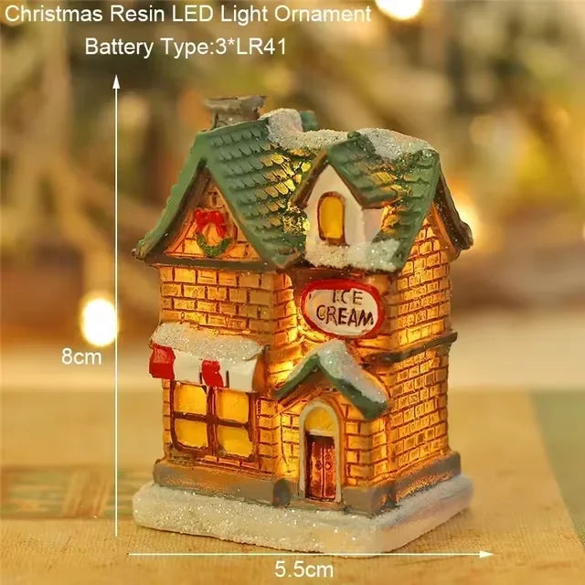 Christmas Resin Small House Santa Claus Shop Micro Landscape Resin Ornaments LED House Christmas Snowman Luminous Decoration