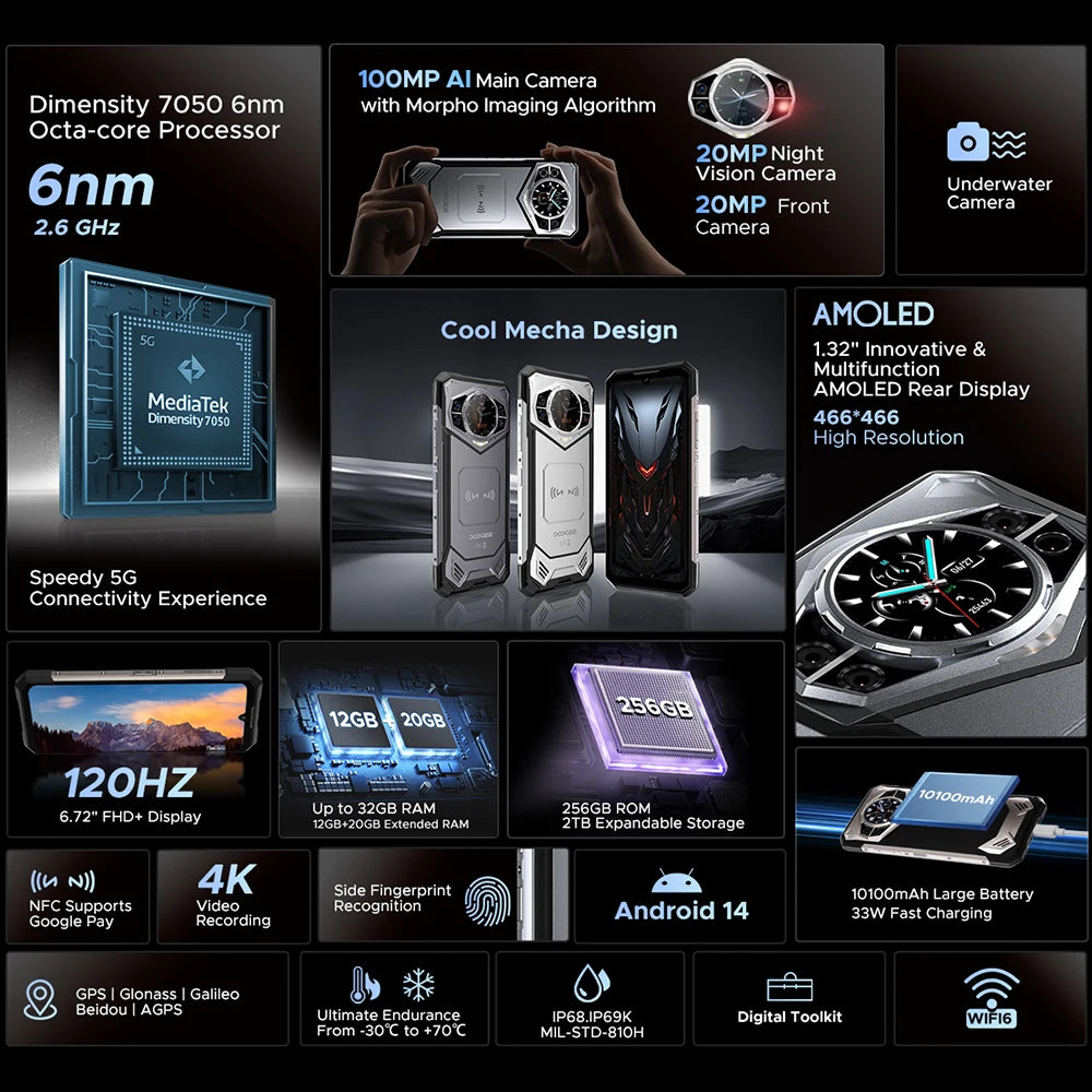 DOOGEE S200 5G Rugged Phone 6.72" 120Hz Display 12GB RAM 256GB ROM 100MP AI Main Camera 10100mAh Android 14 NFC