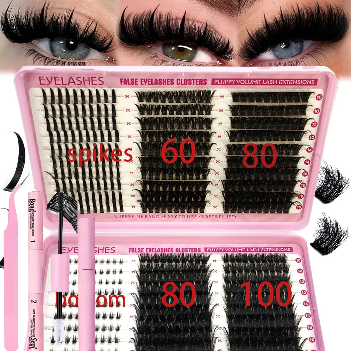 60row DIY Lash Extension Kit Clusters Individual Eyelashes Kit Mix Styles 10-18mm with Bond and Seal Eye Makeup Tool