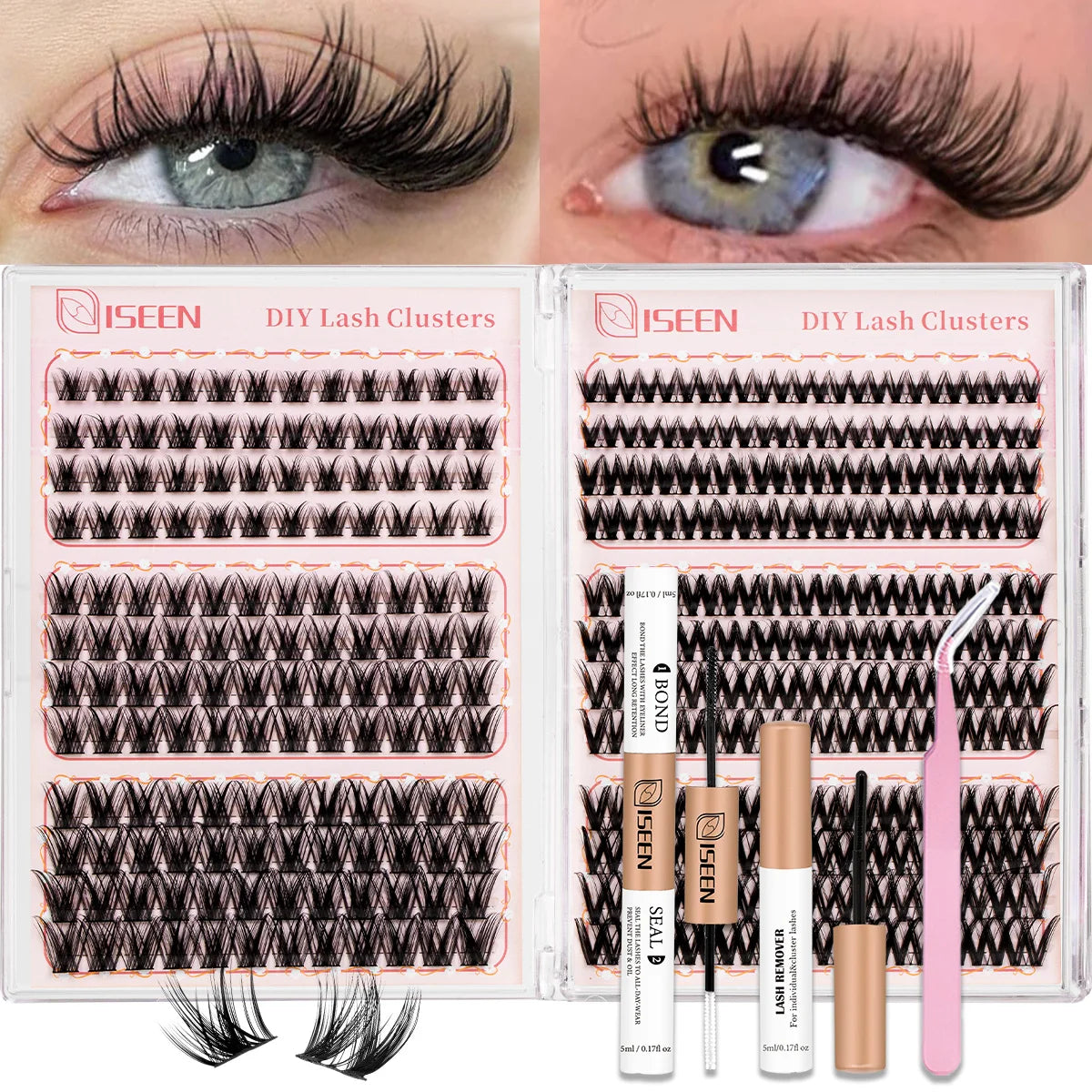DIY Lash Extension Kit Clusters Individual Eyelashes Kit Mix Styles 9-16mm with Bond and Seal Eye Makeup Tool