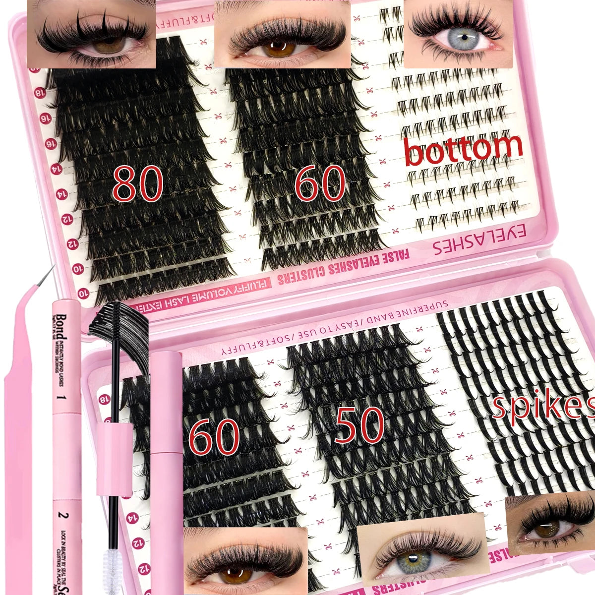 60row DIY Lash Extension Kit Clusters Individual Eyelashes Kit Mix Styles 10-18mm with Bond and Seal Eye Makeup Tool