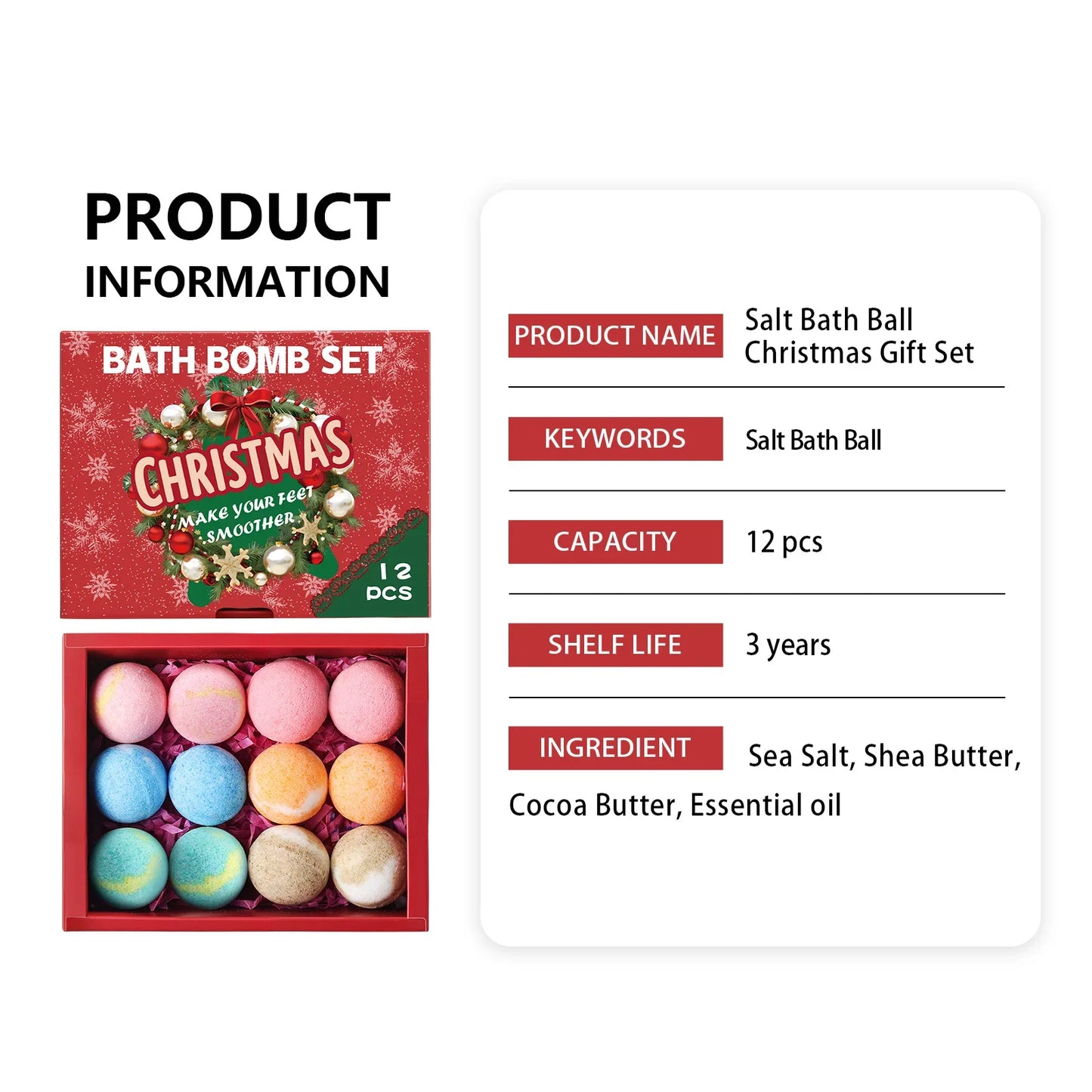 12 Pcs Christmas Bath Sea Salt Bath Softening Keratin Remove Dead Skin for Foot Spa Relaxing Gift Box for Women Men