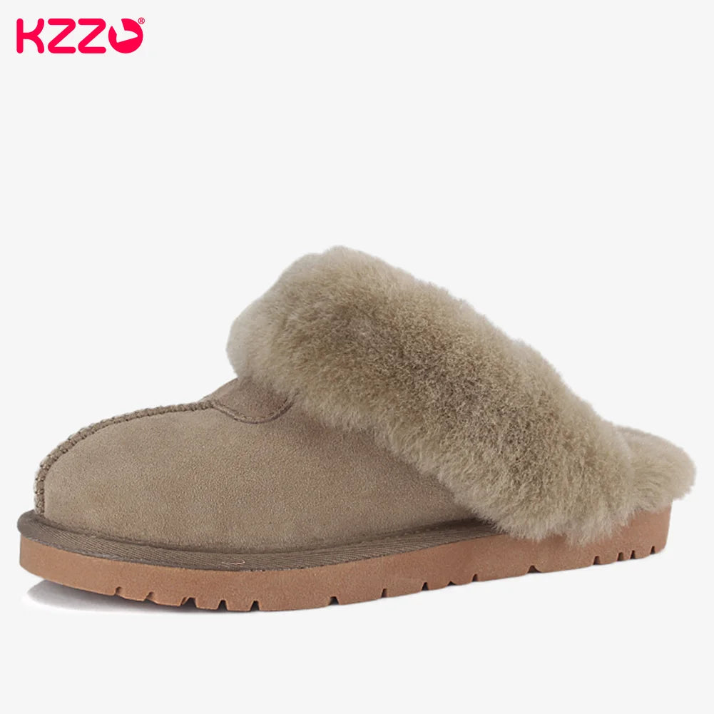 KZZO Fashion Natural Sheepskin Leather Slippers For Men Winter Warm Indoor Fur Slippers Soft Wool Lady Home Shoes Non-slip