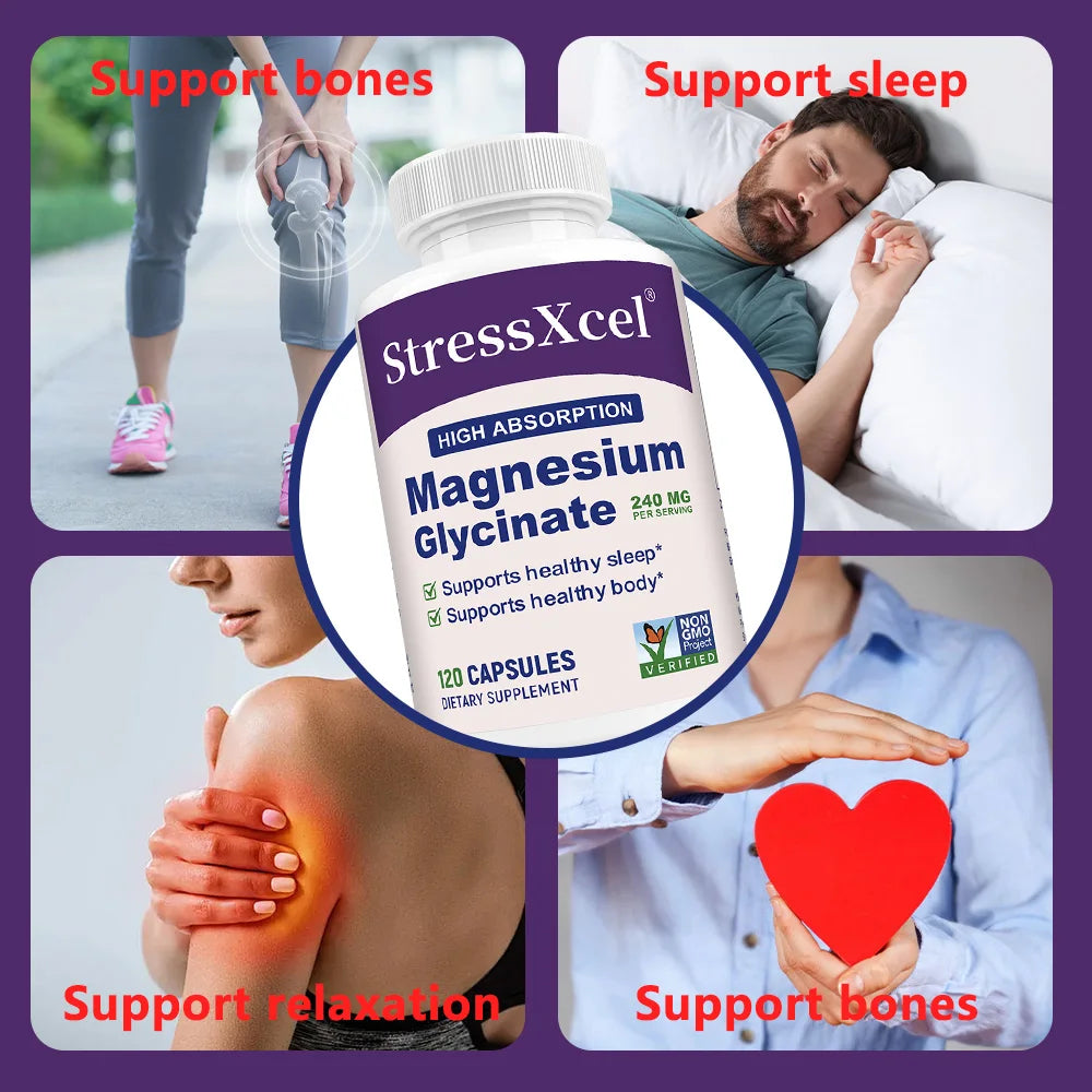 Magnesium Glycinate 240 mg - High Absorption,Suppprt for Sleep, Leg Cramps, Heart, Ease Muscles,Calm Headaches for Women and Men