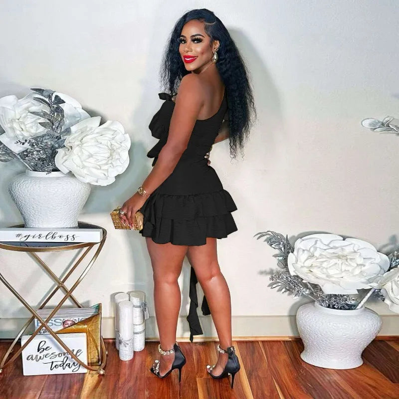 2024 Summer Women Solid Ruffles 2 Piece Set One Shoulder Sleeveless Crop Top Ribbons Mini Skirts Casual Streetwear Suits