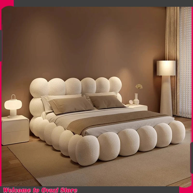 Beauty Cream Cloud Bed Large Size White Rectangle Minimalist Safe Bed Upholstery European Cama Matrimonial Home Furniture