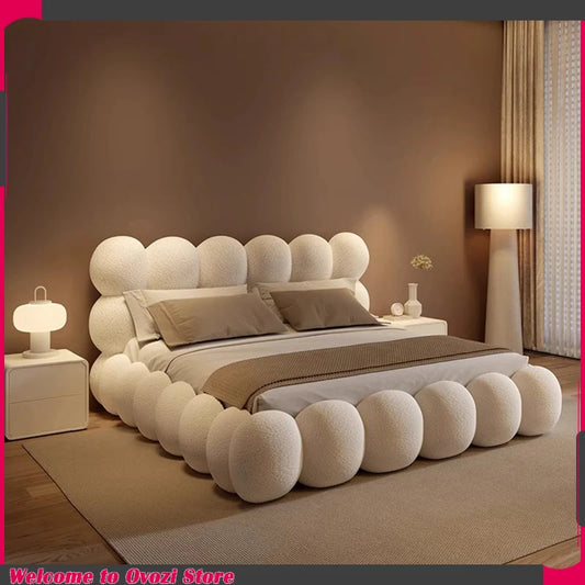 Beauty Cream Cloud Bed Large Size White Rectangle Minimalist Safe Bed Upholstery European Cama Matrimonial Home Furniture