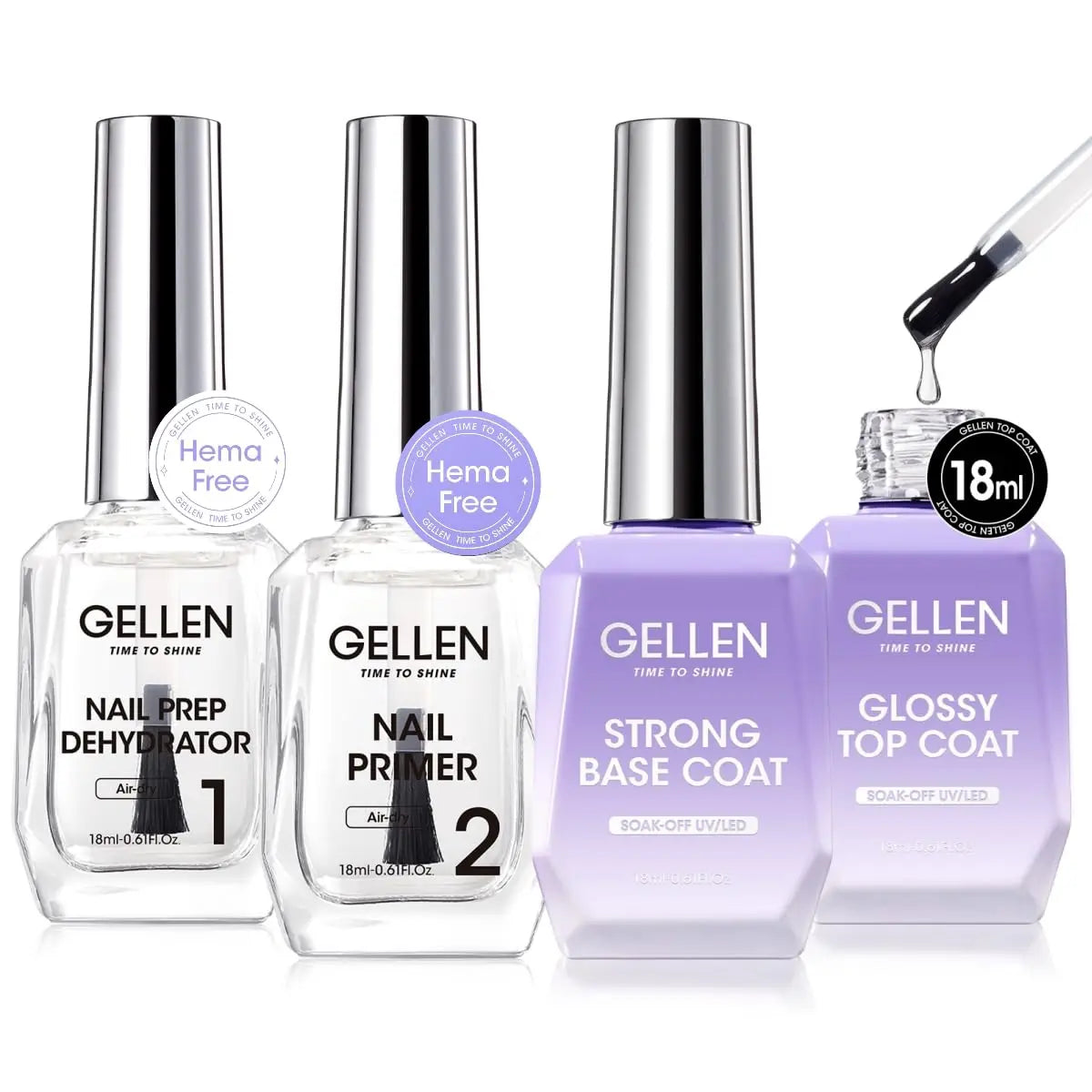GELLEN Professional Nail Art Gel Set 18ml 4Pcs Base Top Coat Clear Strengthener Soak Off Polish Manicure DIY Kit Long Lasting