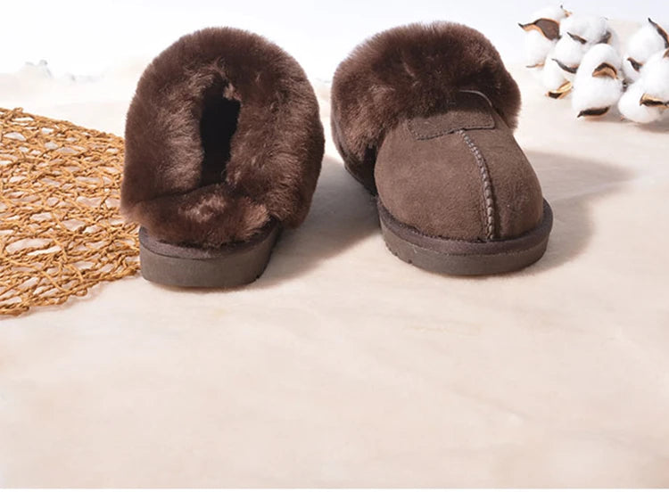 KZZO Fashion Natural Sheepskin Leather Slippers For Men Winter Warm Indoor Fur Slippers Soft Wool Lady Home Shoes Non-slip