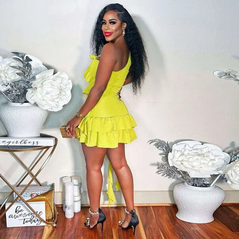 2024 Summer Women Solid Ruffles 2 Piece Set One Shoulder Sleeveless Crop Top Ribbons Mini Skirts Casual Streetwear Suits