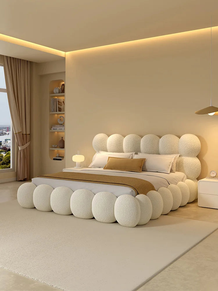 Beauty Cream Cloud Bed Large Size White Rectangle Minimalist Safe Bed Upholstery European Cama Matrimonial Home Furniture