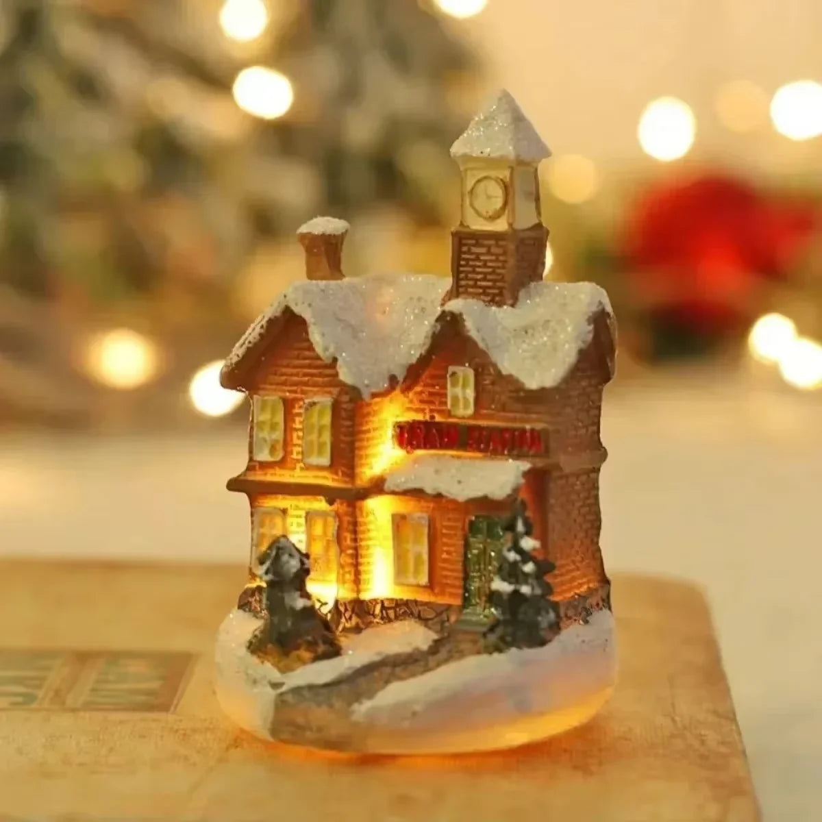 Christmas Resin Small House Santa Claus Shop Micro Landscape Resin Ornaments LED House Christmas Snowman Luminous Decoration