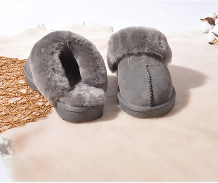 KZZO Fashion Natural Sheepskin Leather Slippers For Men Winter Warm Indoor Fur Slippers Soft Wool Lady Home Shoes Non-slip