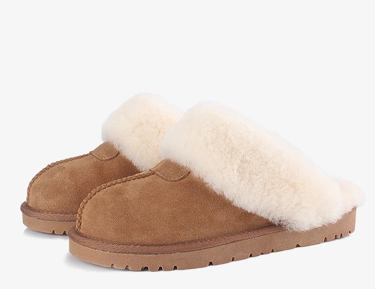 KZZO Fashion Natural Sheepskin Leather Slippers For Men Winter Warm Indoor Fur Slippers Soft Wool Lady Home Shoes Non-slip