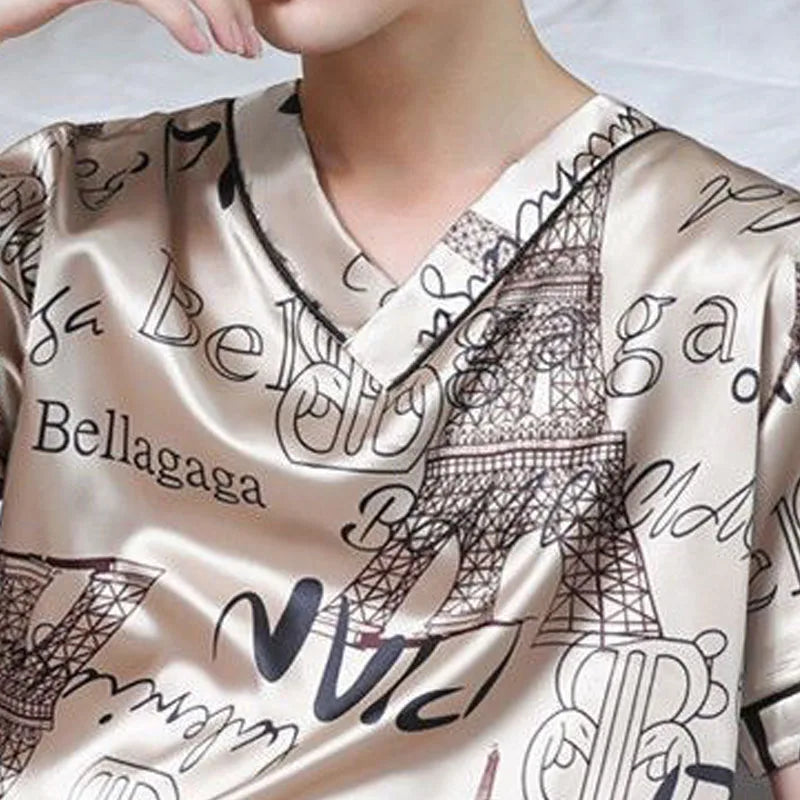 Pajamas Men Ice Silk Thin Short-Sleeved Two-Piece Suit Korean Version of the Loose Large Size Men Home Clothing with Letters