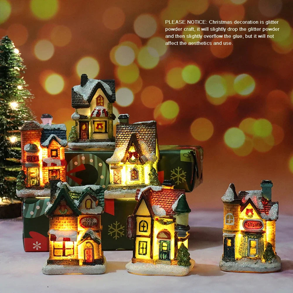 1PC Christmas Village Houses LED Light, DIY Resin Small House Battery Operate Christmas Ornamnet for Home Xmas New Year Decor