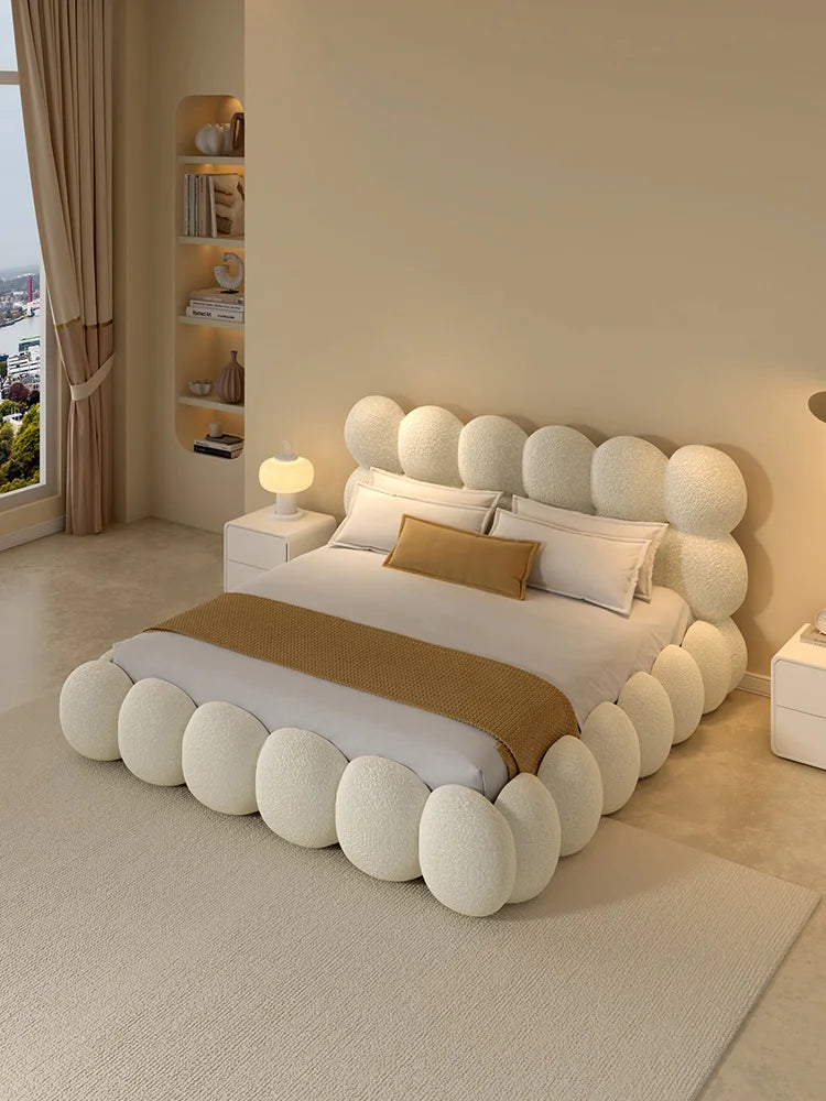 Beauty Cream Cloud Bed Large Size White Rectangle Minimalist Safe Bed Upholstery European Cama Matrimonial Home Furniture