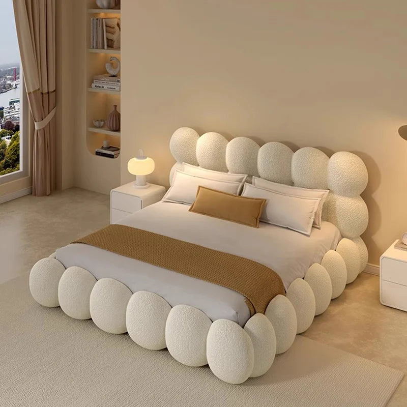 Beauty Cream Cloud Bed Large Size White Rectangle Minimalist Safe Bed Upholstery European Cama Matrimonial Home Furniture