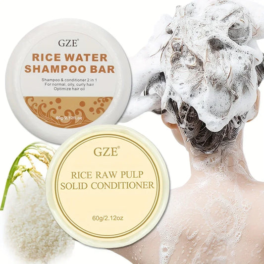 GZE Rice Water Shampoo Bar Soap and Rice Raw Pulp Solid Conditioner For Hair Strengthening, Helps Dry Hair Moisturizing