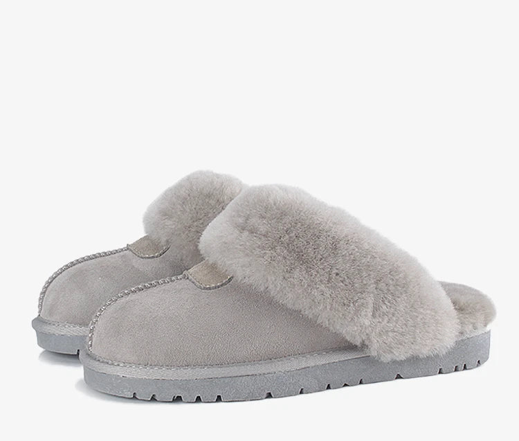 KZZO Fashion Natural Sheepskin Leather Slippers For Men Winter Warm Indoor Fur Slippers Soft Wool Lady Home Shoes Non-slip