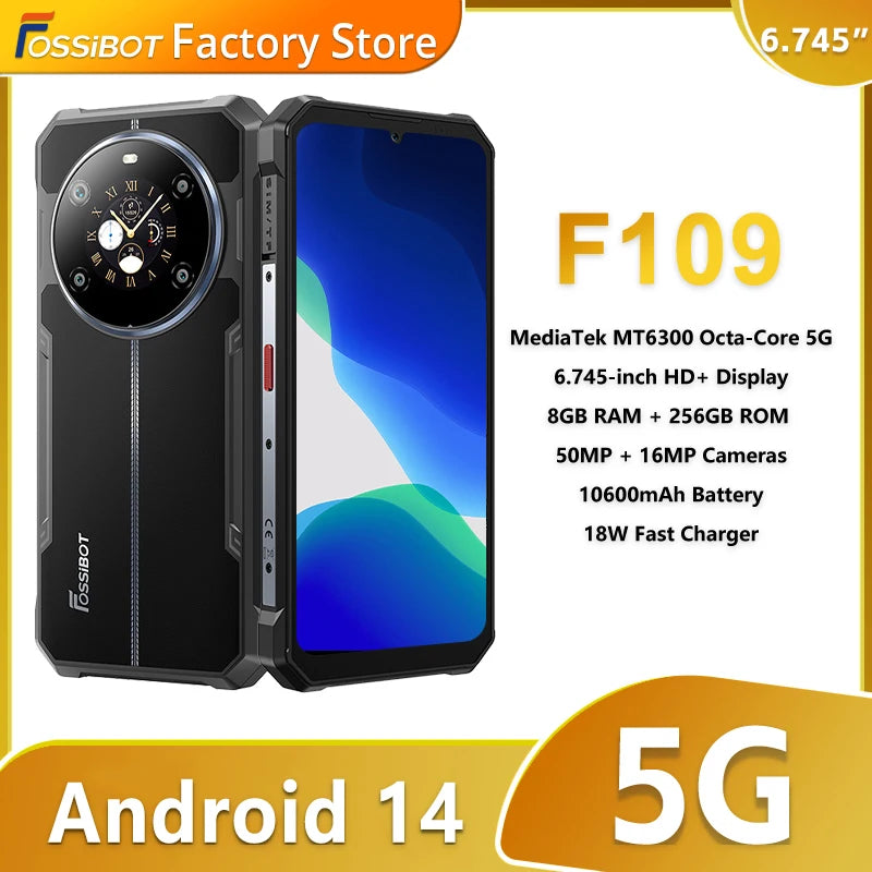 Fossibot F109 5G Rugged Phone 6.745" Android 14 8GB+256GB Mobile Phone 10600mAh 64MP NFC Smartphone