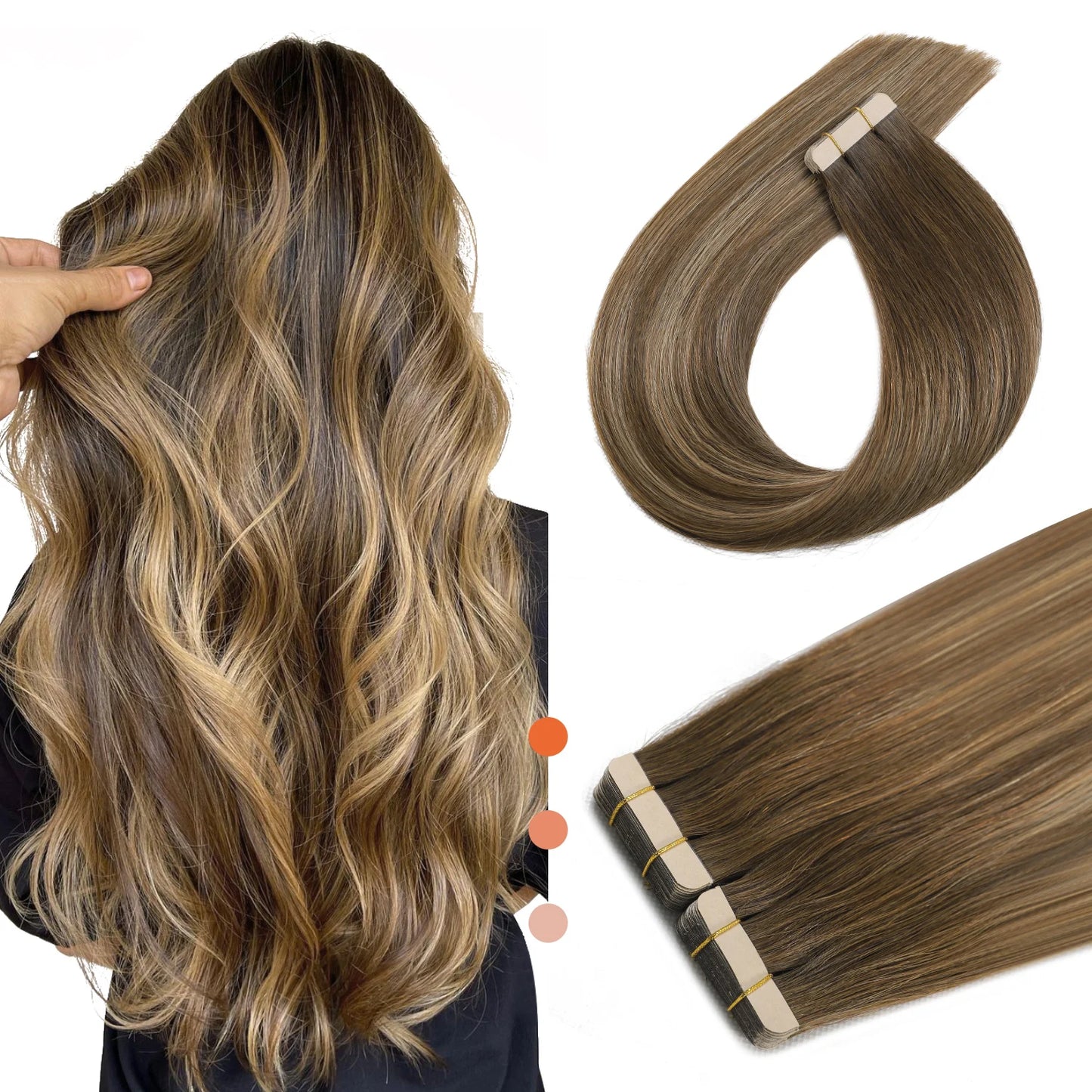 XDhair 100% Tape in Hair Extensions Human Hair 14"22" 50g 20pcs Balayage Chocolate Brown to Caramel Blonde Tape Hair Extensions