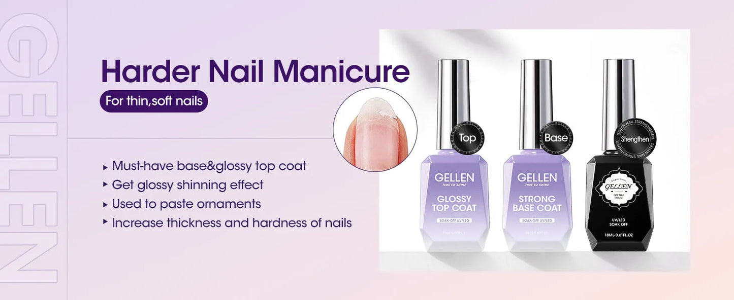 GELLEN Professional Nail Art Gel Set 18ml 4Pcs Base Top Coat Clear Strengthener Soak Off Polish Manicure DIY Kit Long Lasting