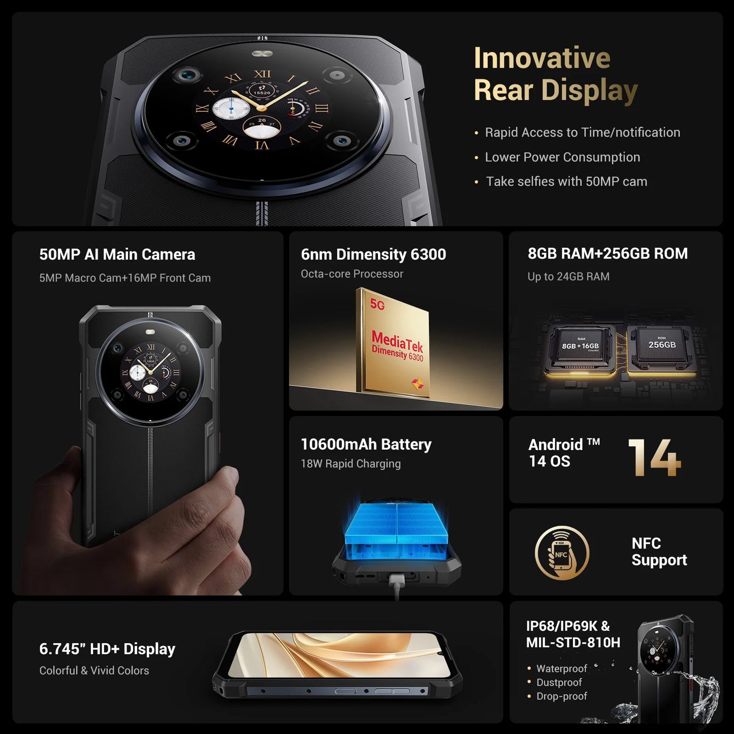 Fossibot F109 5G Rugged Phone 6.745" Android 14 8GB+256GB Mobile Phone 10600mAh 64MP NFC Smartphone