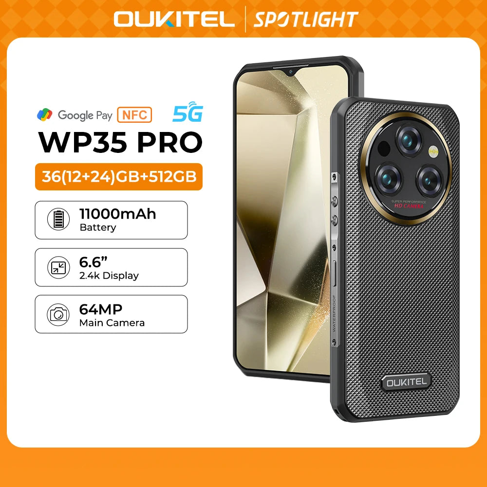 Oukitel WP35 PRO Rugged Smartphone 5G 11000mAh 36GB+512GB, 6.6" 2.4K Display Andiron 14, 64 MP, NFC Cell Phone