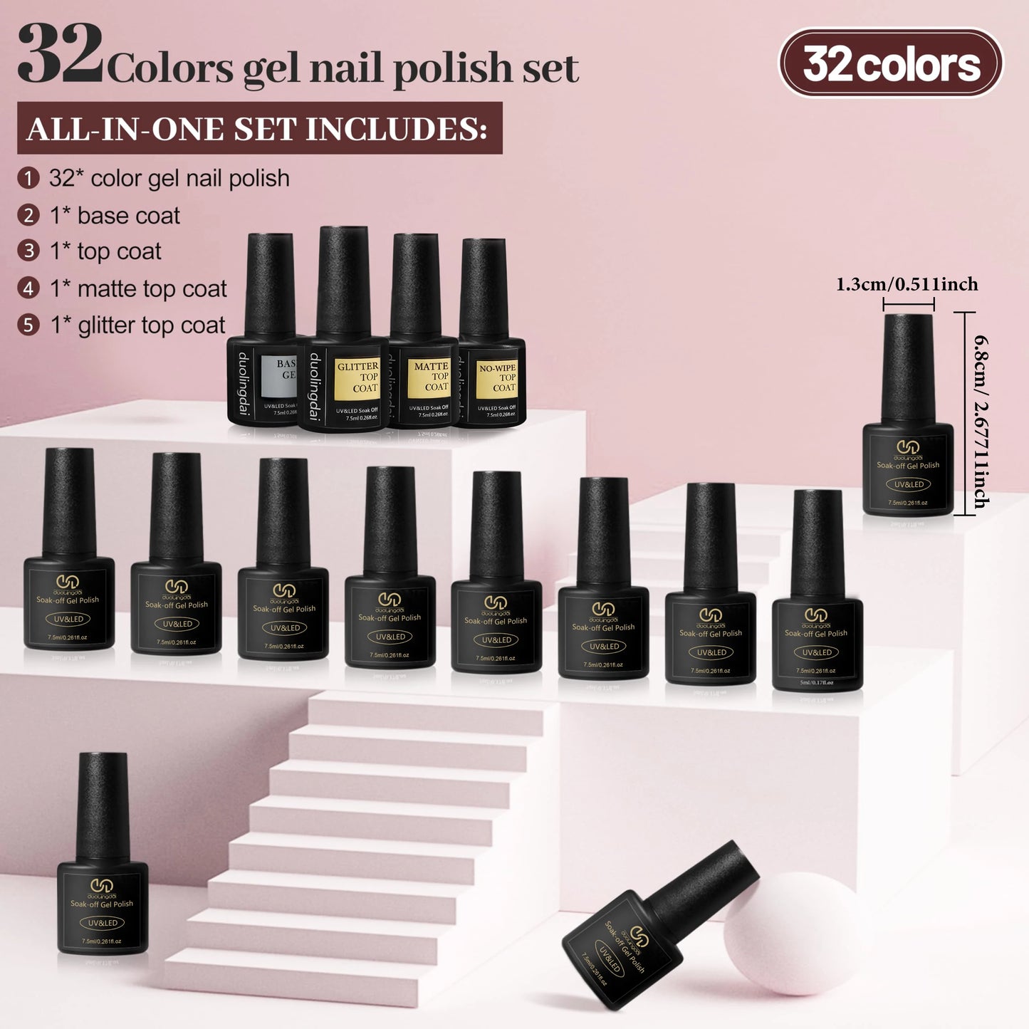 36 pcs Gel Nail Polish Set-32 Colors Gel Polish Kit Base Coat Glossy Matte And Glitter Top Coat Nail Polish Set