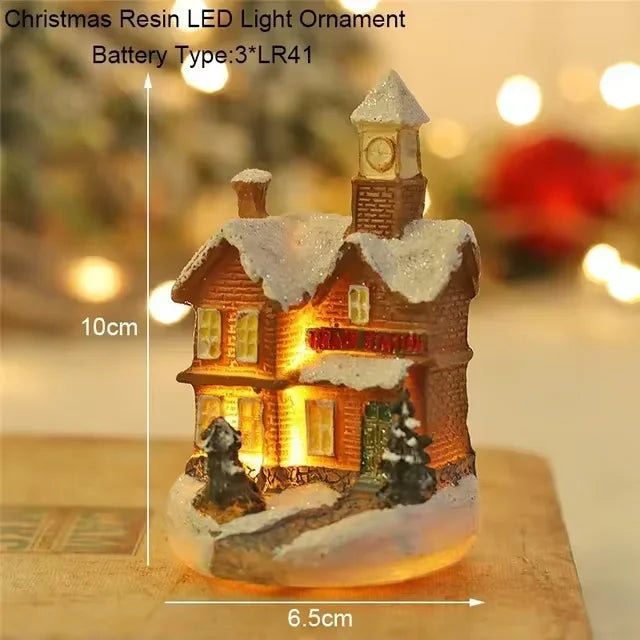 Christmas Resin Small House Santa Claus Shop Micro Landscape Resin Ornaments LED House Christmas Snowman Luminous Decoration