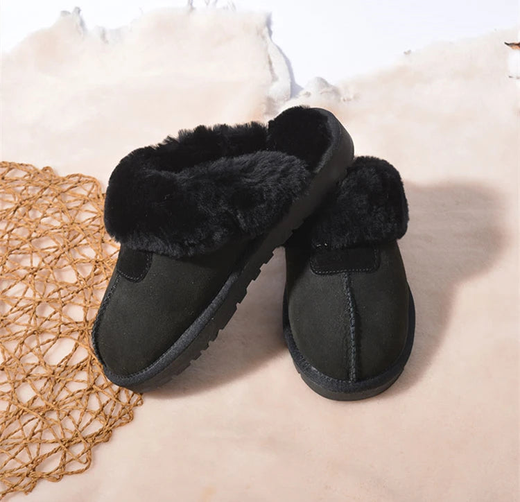 KZZO Fashion Natural Sheepskin Leather Slippers For Men Winter Warm Indoor Fur Slippers Soft Wool Lady Home Shoes Non-slip