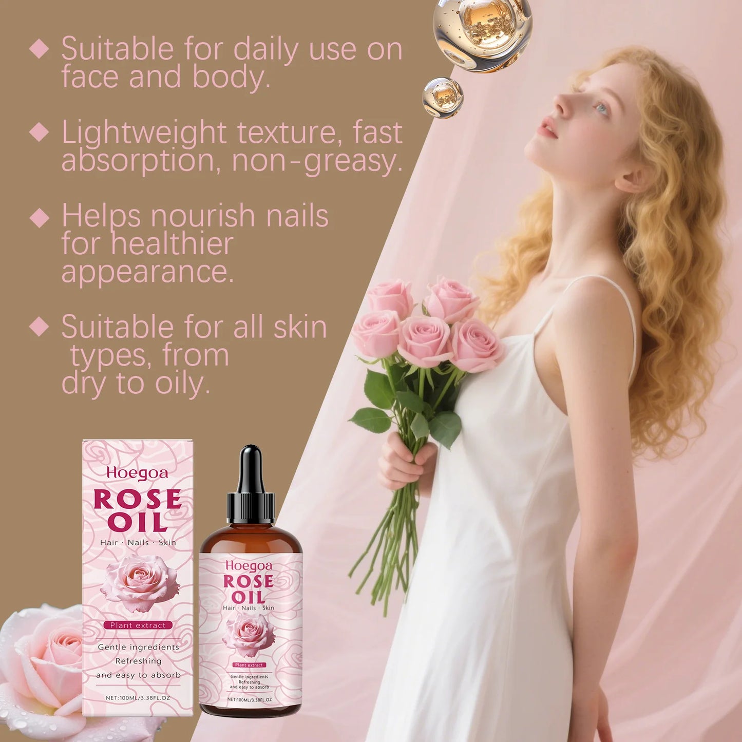 Rose Oil Face Anti Aging Brightening Lasting Hydration Nourishment Firm Aromatherapy Facial Serum Reveal Radiance Body Skin Care