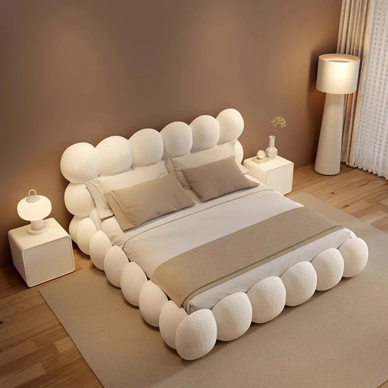 Beauty Cream Cloud Bed Large Size White Rectangle Minimalist Safe Bed Upholstery European Cama Matrimonial Home Furniture