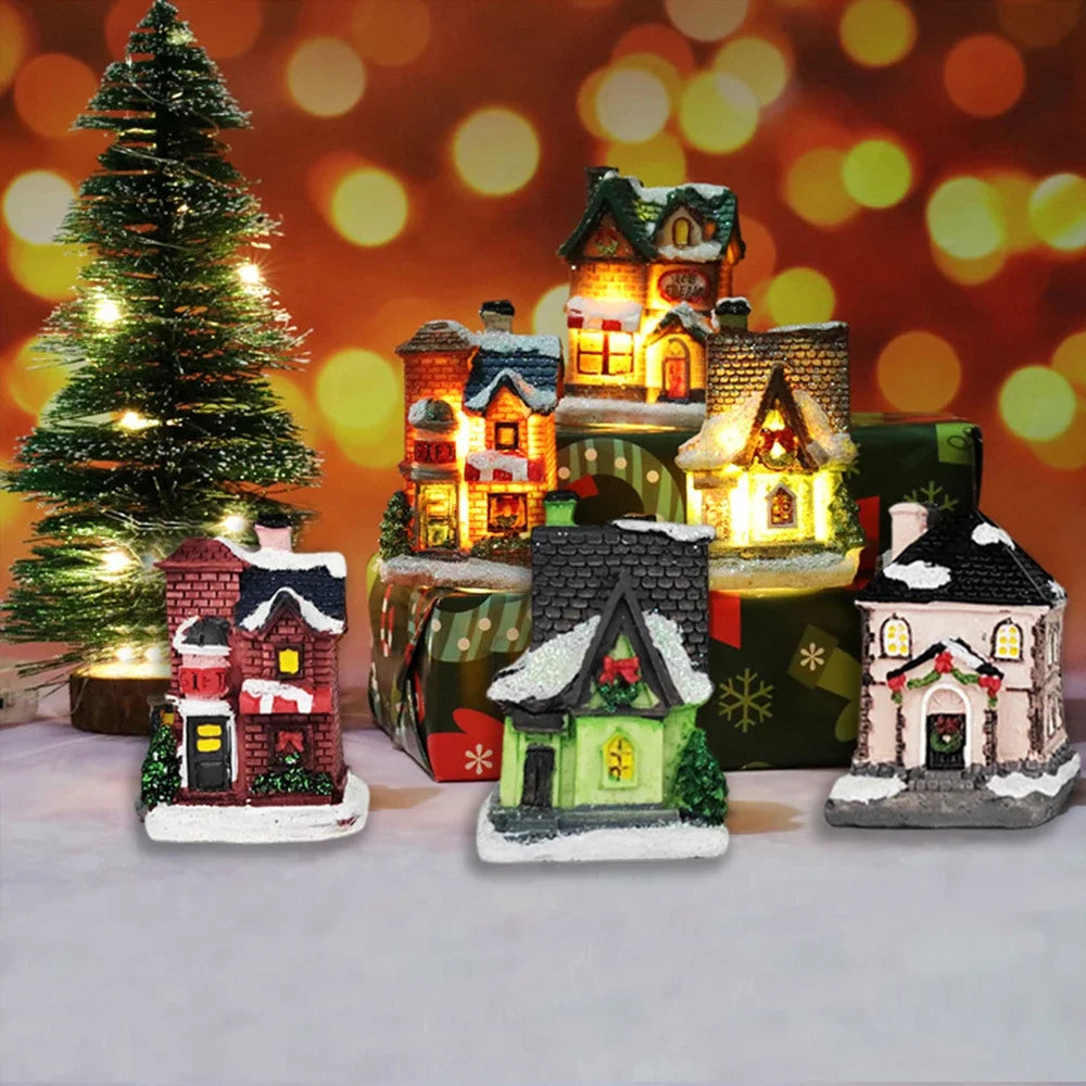 1PC Christmas Village Houses LED Light, DIY Resin Small House Battery Operate Christmas Ornamnet for Home Xmas New Year Decor